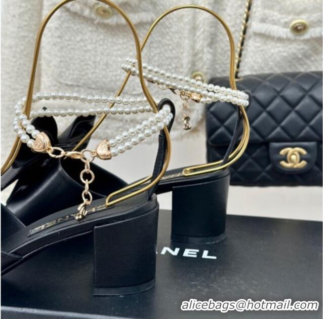 Most Popular Chanel Lambskin Heel Sandals 6cm with Maxi Bow and Pearls Balck 629058