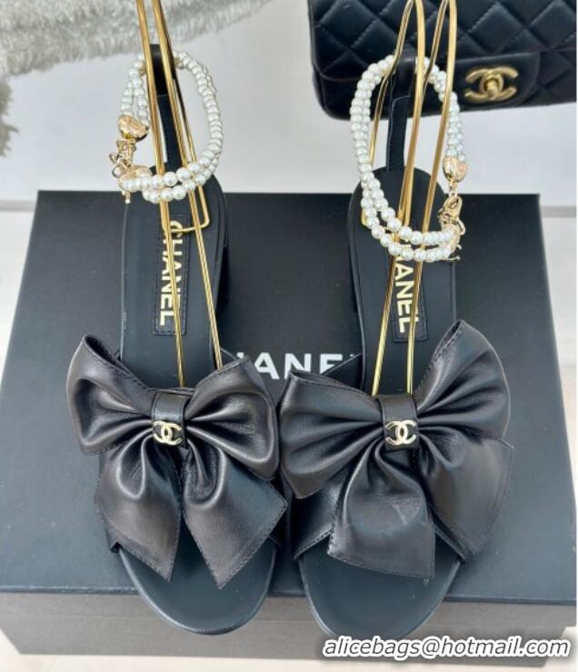 Most Popular Chanel Lambskin Heel Sandals 6cm with Maxi Bow and Pearls Balck 629058