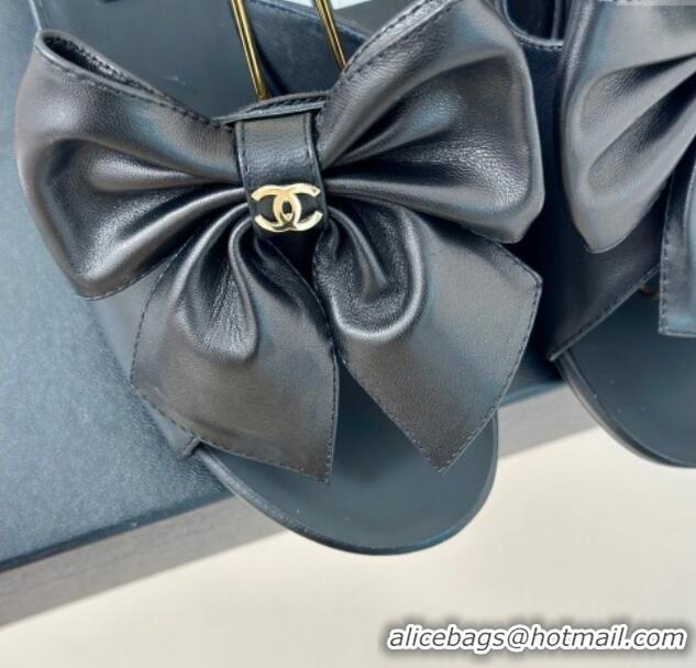 Most Popular Chanel Lambskin Heel Sandals 6cm with Maxi Bow and Pearls Balck 629058