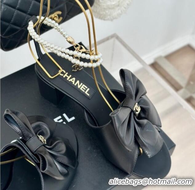 Most Popular Chanel Lambskin Heel Sandals 6cm with Maxi Bow and Pearls Balck 629058