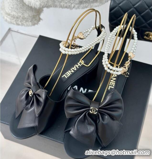 Most Popular Chanel Lambskin Heel Sandals 6cm with Maxi Bow and Pearls Balck 629058