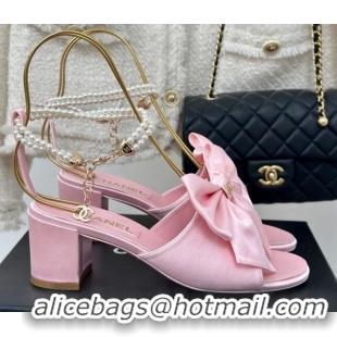 Best Product Chanel Silk Heel Sandals 6cm with Maxi Bow and Pearls Light Pink 629059