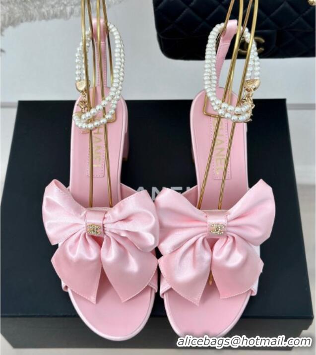 Best Product Chanel Silk Heel Sandals 6cm with Maxi Bow and Pearls Light Pink 629059