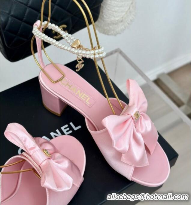 Best Product Chanel Silk Heel Sandals 6cm with Maxi Bow and Pearls Light Pink 629059