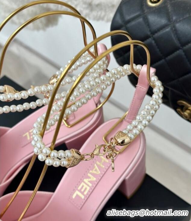 Best Product Chanel Silk Heel Sandals 6cm with Maxi Bow and Pearls Light Pink 629059