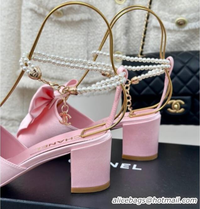 Best Product Chanel Silk Heel Sandals 6cm with Maxi Bow and Pearls Light Pink 629059