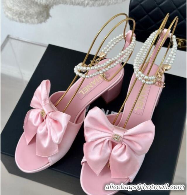 Best Product Chanel Silk Heel Sandals 6cm with Maxi Bow and Pearls Light Pink 629059