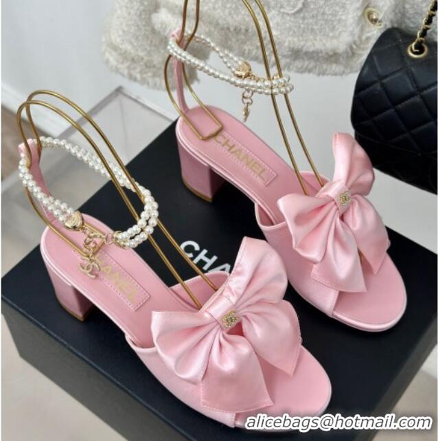 Best Product Chanel Silk Heel Sandals 6cm with Maxi Bow and Pearls Light Pink 629059