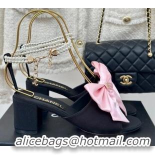 Lowest Price Chanel Silk Heel Sandals 6cm with Maxi Bow and Pearls Black/Pink 629060