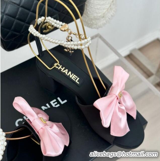 Lowest Price Chanel Silk Heel Sandals 6cm with Maxi Bow and Pearls Black/Pink 629060