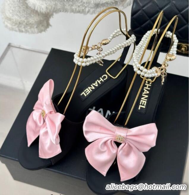 Lowest Price Chanel Silk Heel Sandals 6cm with Maxi Bow and Pearls Black/Pink 629060