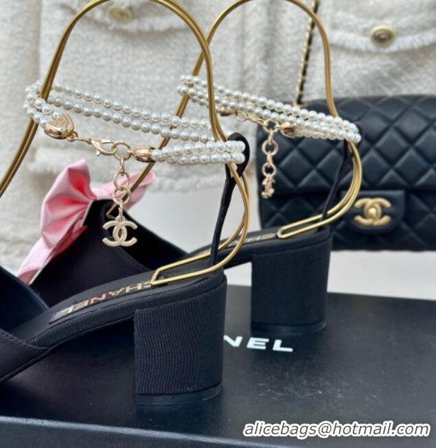 Lowest Price Chanel Silk Heel Sandals 6cm with Maxi Bow and Pearls Black/Pink 629060