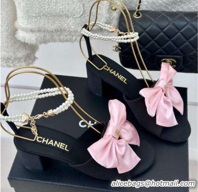 Lowest Price Chanel Silk Heel Sandals 6cm with Maxi Bow and Pearls Black/Pink 629060