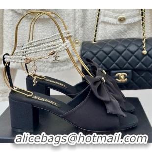 Good Looking Chanel Silk Heel Sandals 6cm with Maxi Bow and Pearls Black 629061