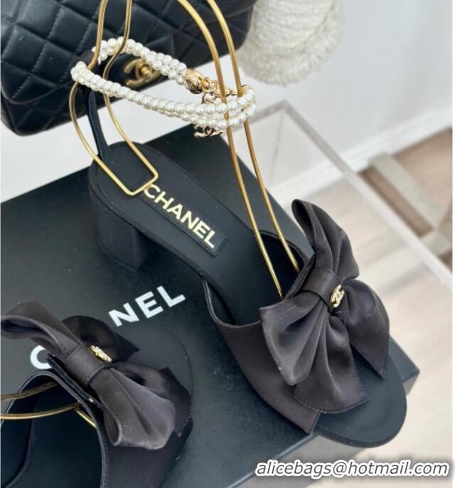 Good Looking Chanel Silk Heel Sandals 6cm with Maxi Bow and Pearls Black 629061