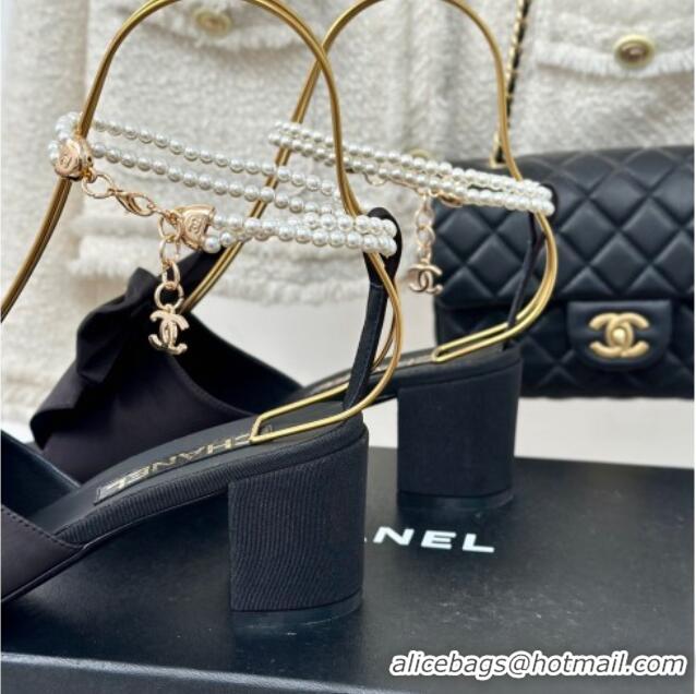 Good Looking Chanel Silk Heel Sandals 6cm with Maxi Bow and Pearls Black 629061