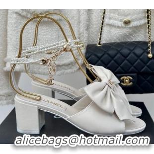 Best Price Chanel Lambskin Heel Sandals 6cm with Maxi Bow and Pearls White 629062