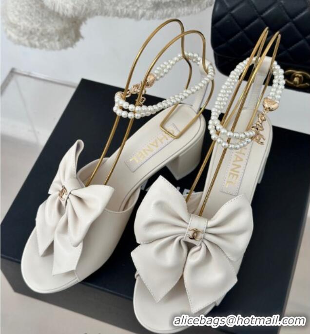 Best Price Chanel Lambskin Heel Sandals 6cm with Maxi Bow and Pearls White 629062