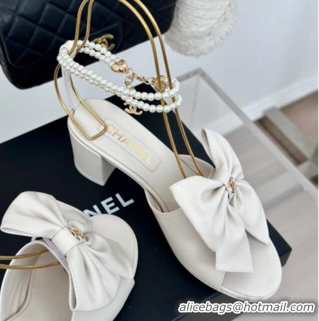 Best Price Chanel Lambskin Heel Sandals 6cm with Maxi Bow and Pearls White 629062