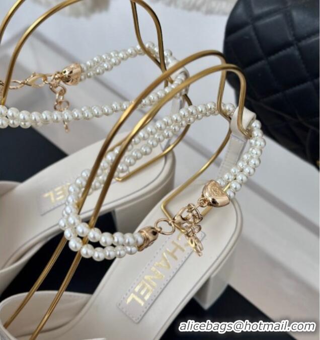 Best Price Chanel Lambskin Heel Sandals 6cm with Maxi Bow and Pearls White 629062