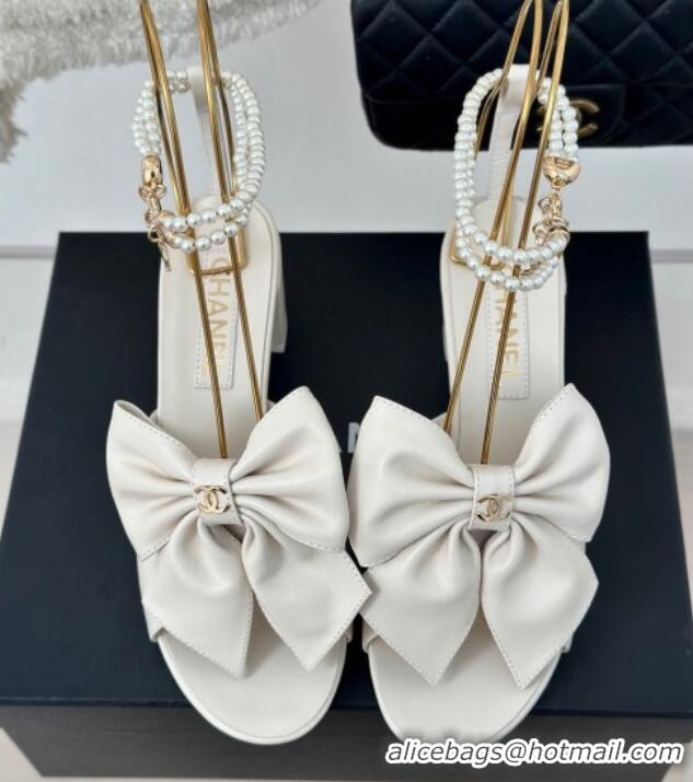 Best Price Chanel Lambskin Heel Sandals 6cm with Maxi Bow and Pearls White 629062