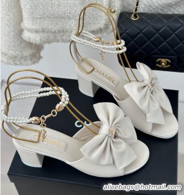 Best Price Chanel Lambskin Heel Sandals 6cm with Maxi Bow and Pearls White 629062