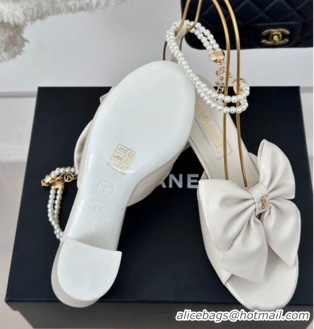 Best Price Chanel Lambskin Heel Sandals 6cm with Maxi Bow and Pearls White 629062