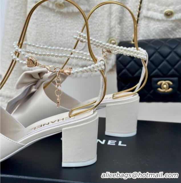 Best Price Chanel Lambskin Heel Sandals 6cm with Maxi Bow and Pearls White 629062