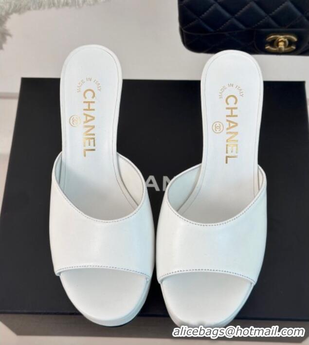 Good Quality Chanel Lambskin Platform Slides Sandal 9.5cm White 407001