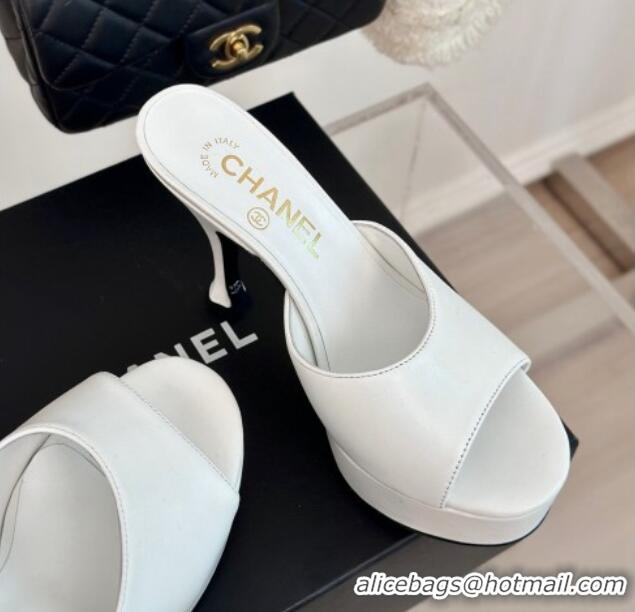 Good Quality Chanel Lambskin Platform Slides Sandal 9.5cm White 407001