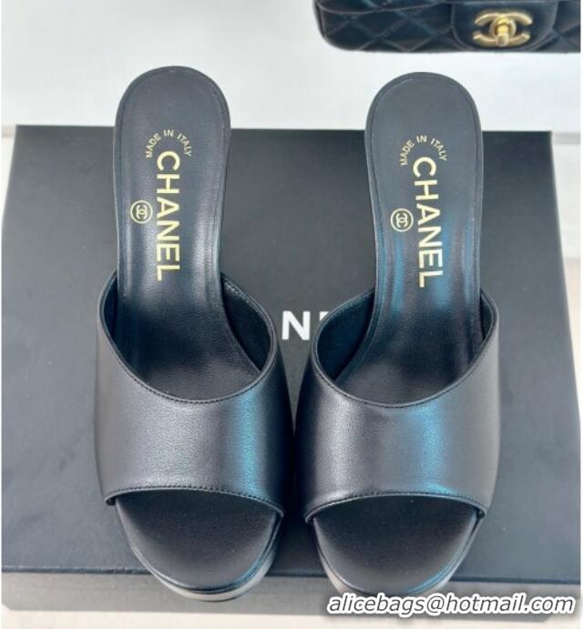 Shop Duplicate Chanel Lambskin Platform Slides Sandal 9.5cm Black 407002