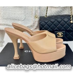 Best Grade Chanel Lambskin Platform Slides Sandal 9.5cm Beige 407003