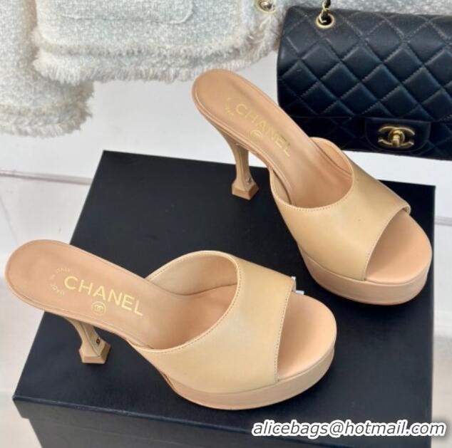 Best Grade Chanel Lambskin Platform Slides Sandal 9.5cm Beige 407003