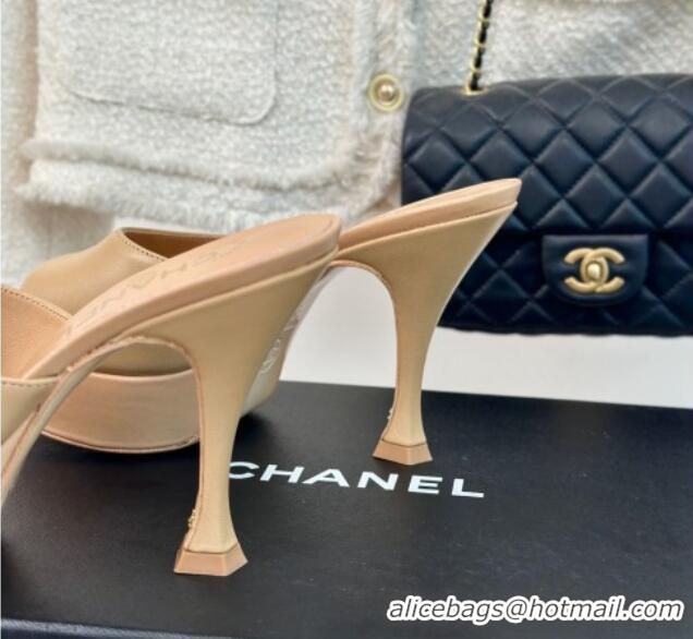 Best Grade Chanel Lambskin Platform Slides Sandal 9.5cm Beige 407003