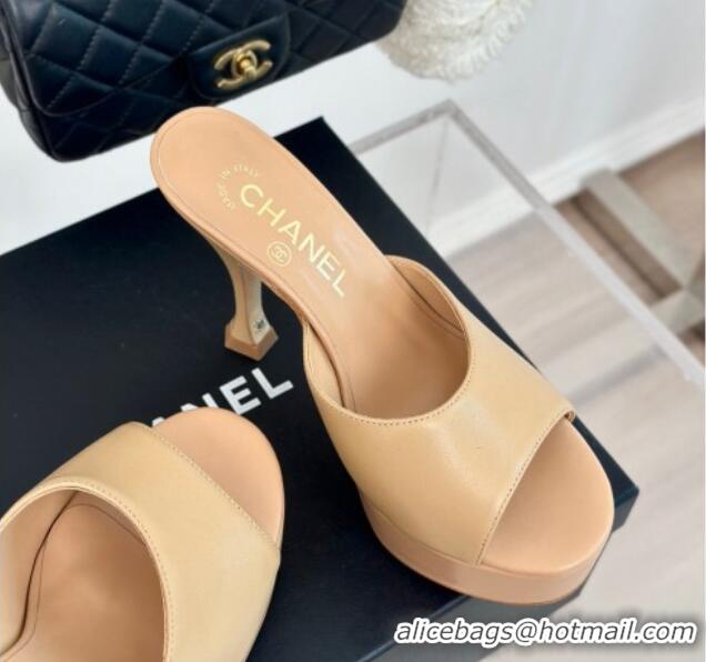 Best Grade Chanel Lambskin Platform Slides Sandal 9.5cm Beige 407003