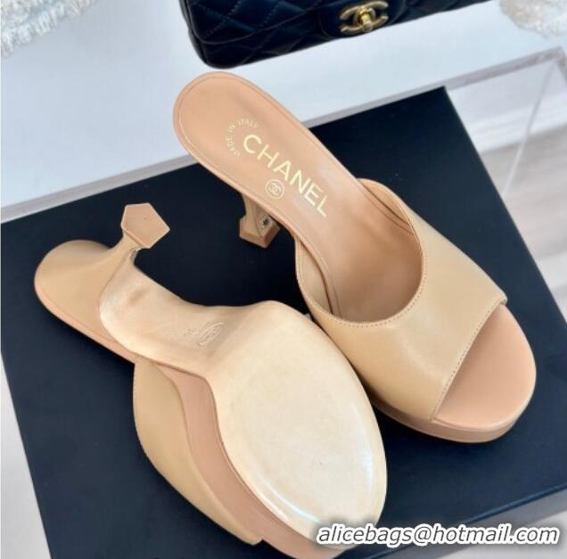 Best Grade Chanel Lambskin Platform Slides Sandal 9.5cm Beige 407003