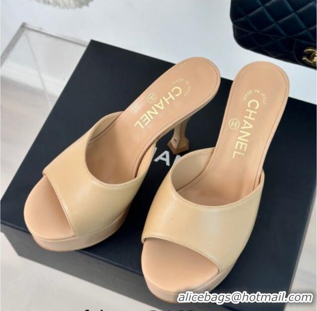 Best Grade Chanel Lambskin Platform Slides Sandal 9.5cm Beige 407003