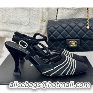 Grade Quality Chanel Mesh & Grosgrain Slingback Pumps 8.5cm with Strass Stripes Black Suede 407004