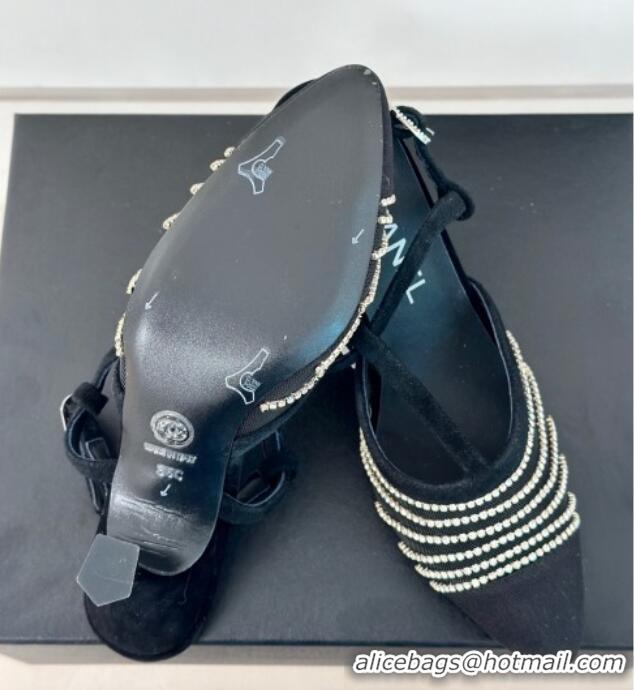 Grade Quality Chanel Mesh & Grosgrain Slingback Pumps 8.5cm with Strass Stripes Black Suede 407004