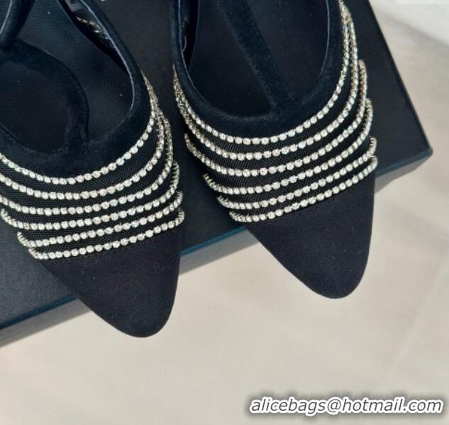 Grade Quality Chanel Mesh & Grosgrain Slingback Pumps 8.5cm with Strass Stripes Black Suede 407004