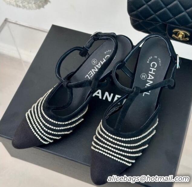 Grade Quality Chanel Mesh & Grosgrain Slingback Pumps 8.5cm with Strass Stripes Black Suede 407004