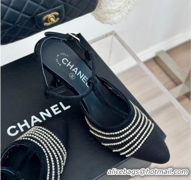 Grade Quality Chanel Mesh & Grosgrain Slingback Pumps 8.5cm with Strass Stripes Black Suede 407004