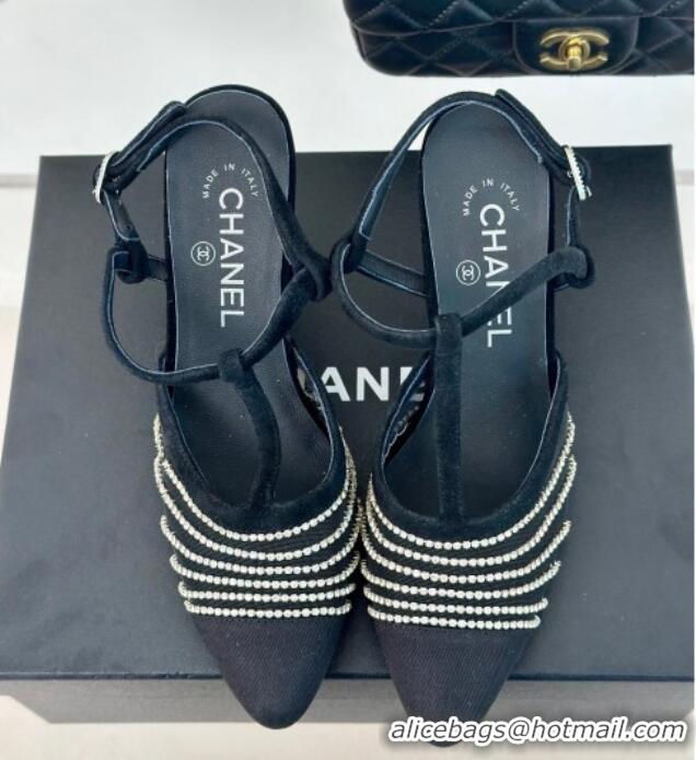 Grade Quality Chanel Mesh & Grosgrain Slingback Pumps 8.5cm with Strass Stripes Black Suede 407004