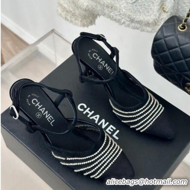 Grade Quality Chanel Mesh & Grosgrain Slingback Pumps 8.5cm with Strass Stripes Black Suede 407004