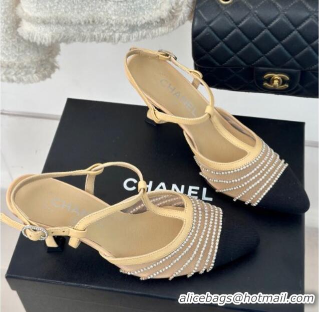 Low Cost Chanel Mesh & Grosgrain Slingback Pumps 8.5cm with Strass Stripes Beige 407005