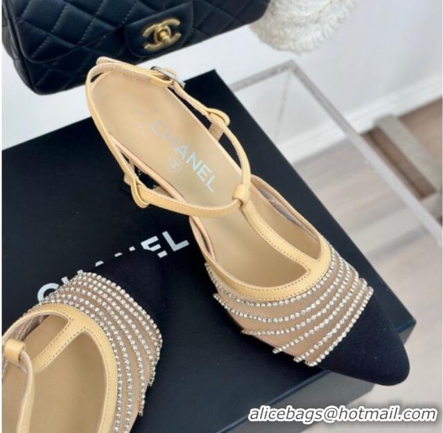 Low Cost Chanel Mesh & Grosgrain Slingback Pumps 8.5cm with Strass Stripes Beige 407005