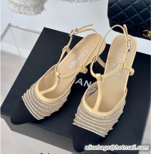 Low Cost Chanel Mesh & Grosgrain Slingback Pumps 8.5cm with Strass Stripes Beige 407005