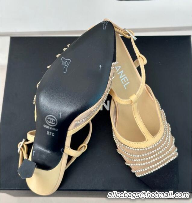 Low Cost Chanel Mesh & Grosgrain Slingback Pumps 8.5cm with Strass Stripes Beige 407005