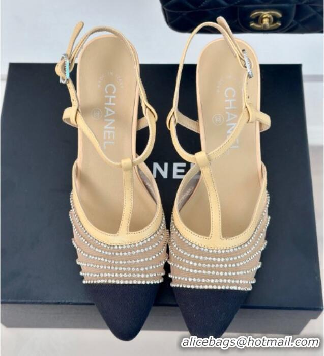 Low Cost Chanel Mesh & Grosgrain Slingback Pumps 8.5cm with Strass Stripes Beige 407005