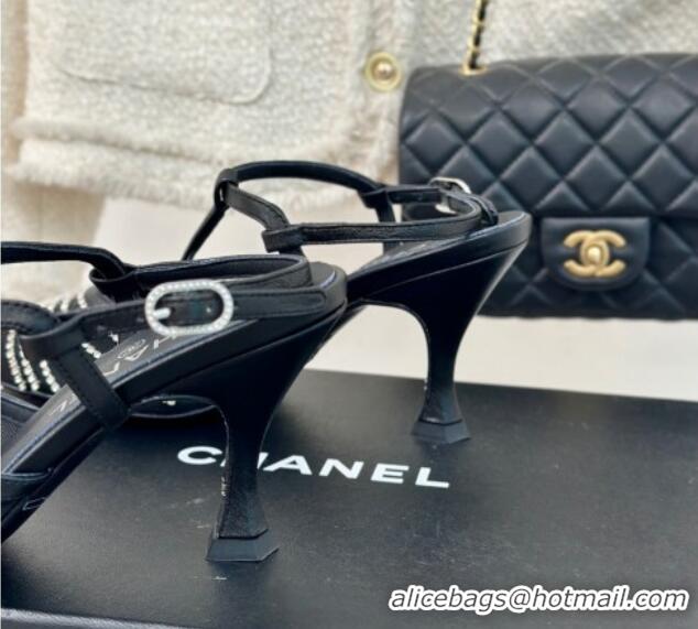 Low Price Chanel Mesh & Grosgrain Slingback Pumps 8.5cm with Strass Stripes Black Leather 407006